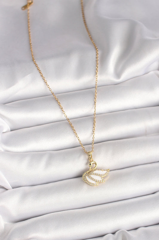 BKO9996 - 316L Çelik Gold Renk Zincir Zirkon Taşlı Kuğu Model Kadın Kolye