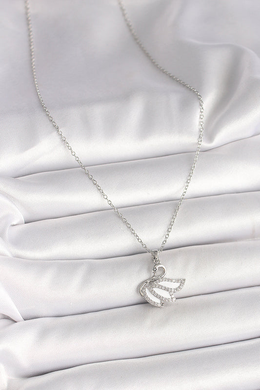 BKO9997 - 316L Çelik Gümüş Renk Zincir Zirkon Taşlı Kuğu Model Kadın Kolye