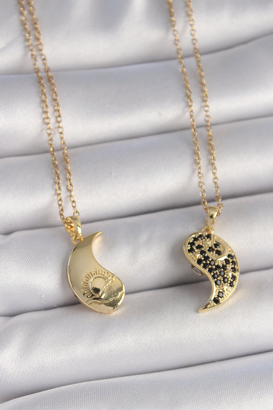 BKO10029 - 316L Çelik Gold Renk Zincir Zirkon Taşlı Ying Yang Model Gün Batımı İşlemeli Arkadaşlık Kadın Kolye