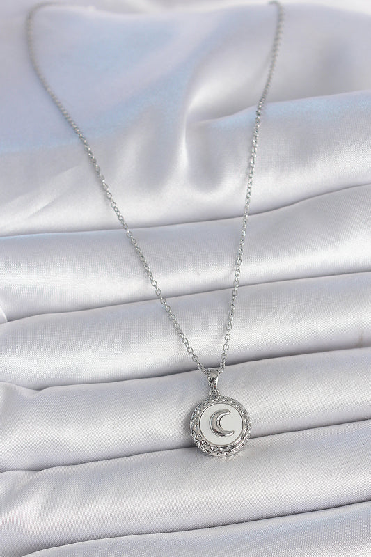 BKO10034 - 316L Çelik Gümüş Renk Zincir Beyaz Mineli Hilal İşlemeli Madalyon Model Kadın Kolye