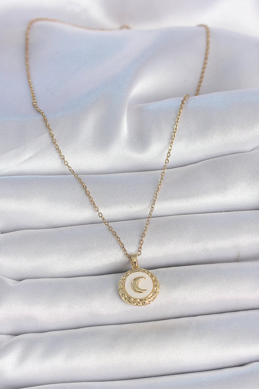 BKO10035 - 316L Çelik Gold Renk Zincir Beyaz Mineli Hilal İşlemeli Madalyon Model Kadın Kolye