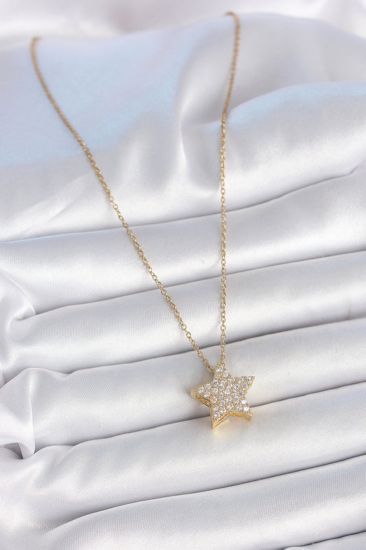 BKO10041 - 316L Çelik Gold Renk Zincir Zirkon Taşlı Yıldız Model Kadın Kolye