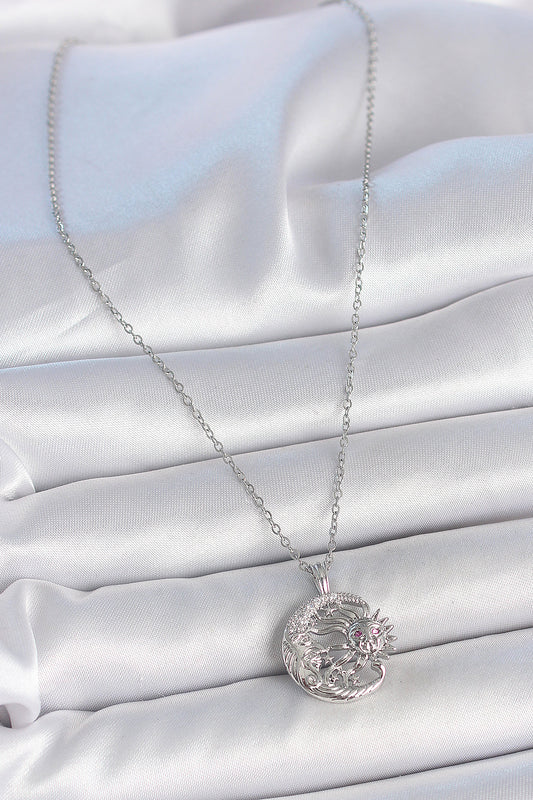 BKO10056 - 316L Çelik Gümüş Renk Zincir Ay Güneş Model Zirkon Taş Detay Kadın Kolye