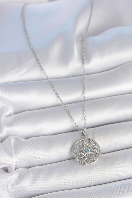 BKO10060 - 316L Çelik Gümüş Renk Zincir Mavi Taşlı Lotus Model Kadın Kolye