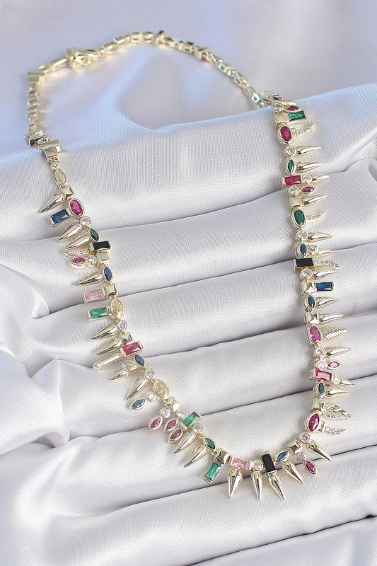 BKO10203 - Pirinç Gold Renk Zirkon Taşlı Diken Model VIP Seri Kadın Kolye