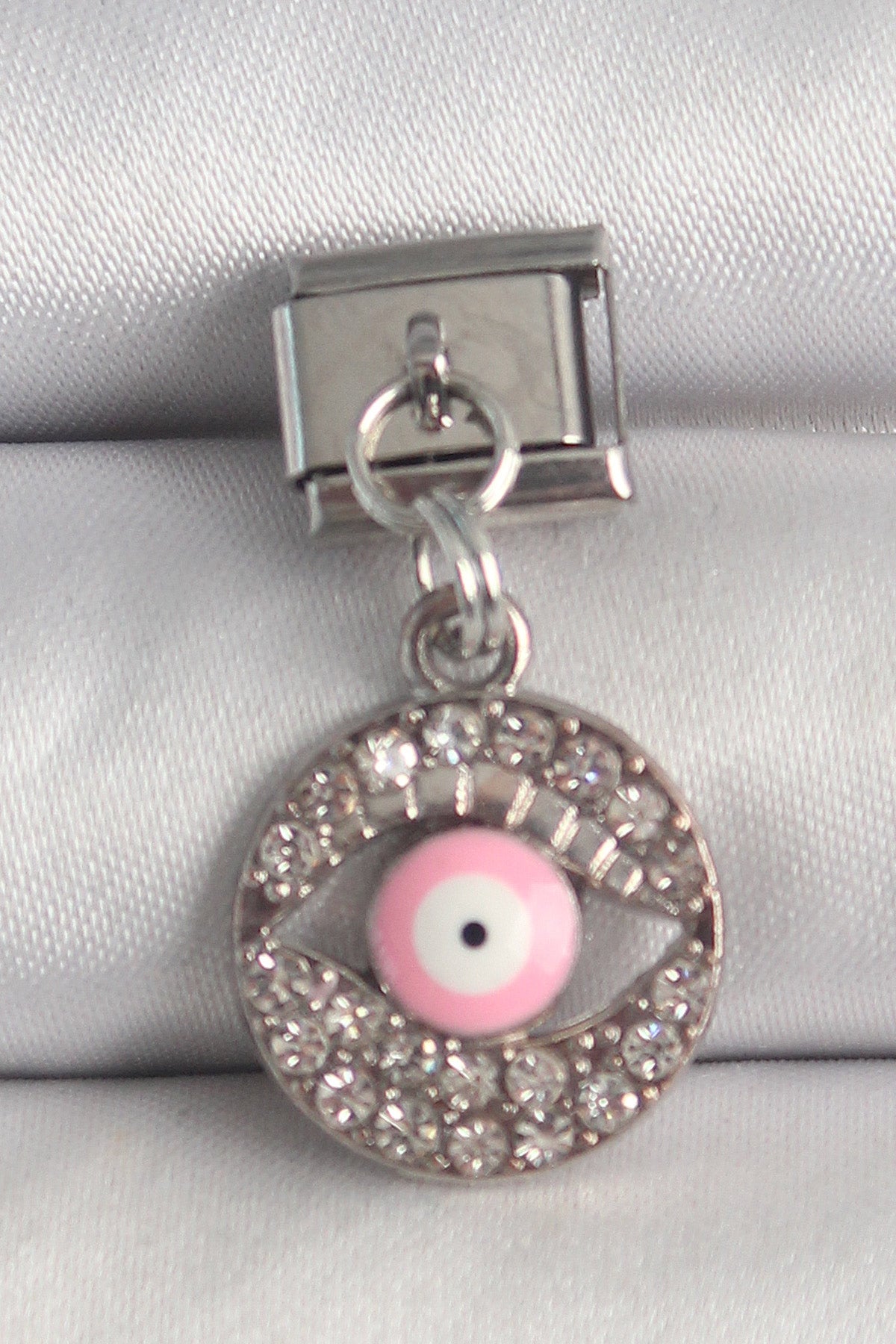 BC1373 - 316L Çelik Gümüş Renk Sallantı Zirkon Taşlı Pembe Göz Model Nomination Charm