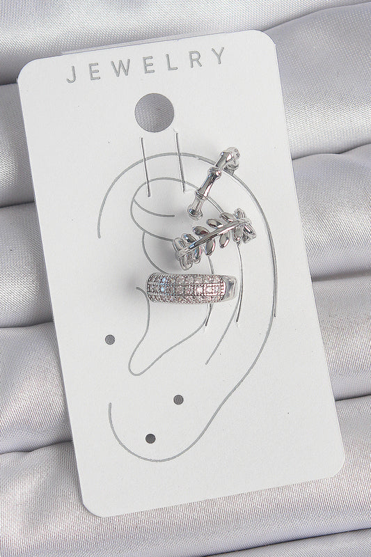 BKP10564 - Pirinç Gümüş Renk Zirkon Taşlı 3'Lü Model Yaprak Figür Kadın Kıkırdak Küpe