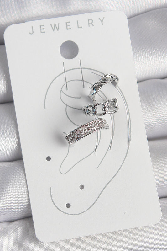 BKP10565 - Pirinç Gümüş Renk Zirkon Taşlı 3'Lü Zincir Sarmal Model Kadın Kıkırdak Küpe