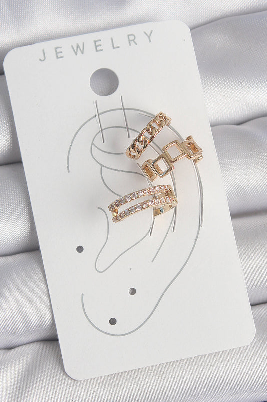 BKP10588 - Pirinç Gold Renk Zirkon Taşlı Kare Zincir Model Kadın Kıkırdak Küpe