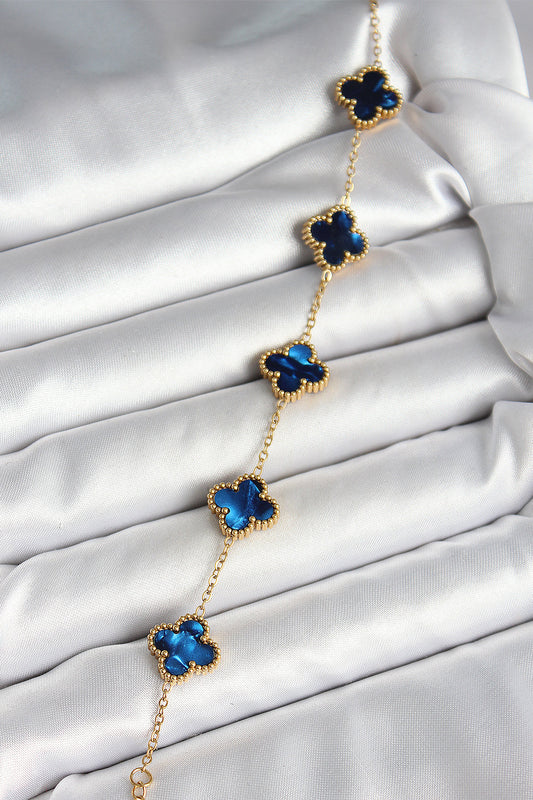 BB6964 - 316L Çelik Sedefli Lacivert Gold Renk Yonca Kadın Bileklik