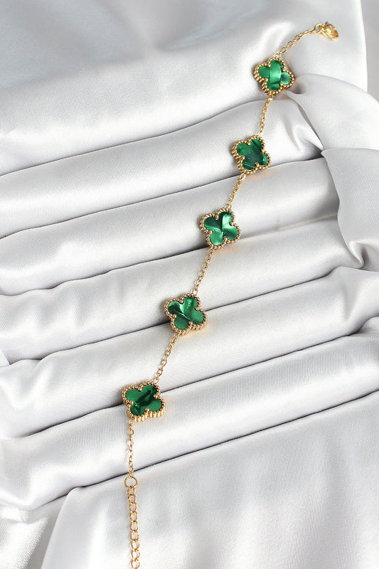 BB6968 - 316L Çelik Sedefli Zümrüt Yeşil Gold Renk Yonca Kadın Bileklik