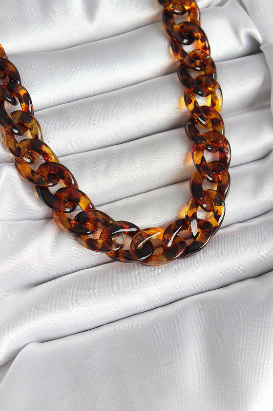 BKO10235 - Leopar Desenli Mika Kalın Zincir Kadın Kolye