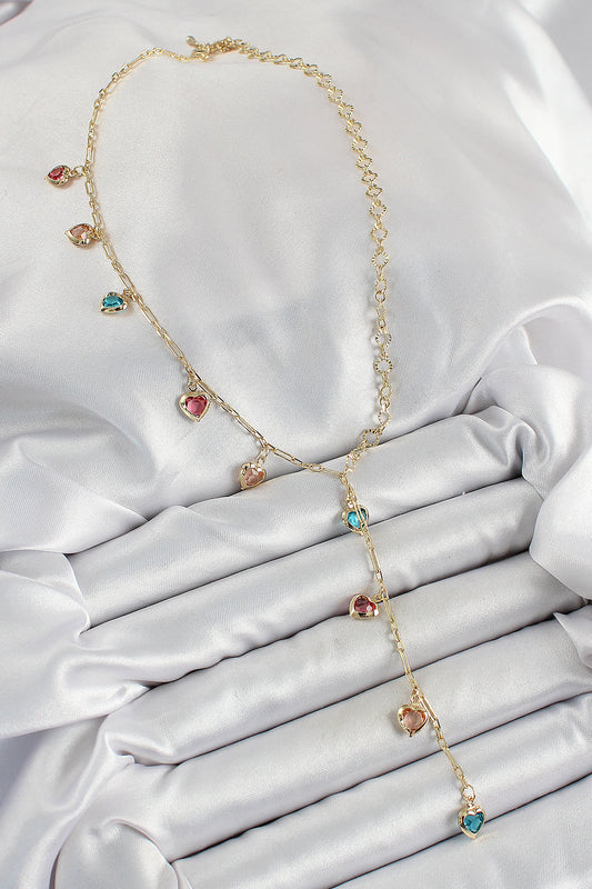 BKO10248 - Pirinç Asorti Kalp Model Gold Renk Zirkon Taşlı Y Kolye