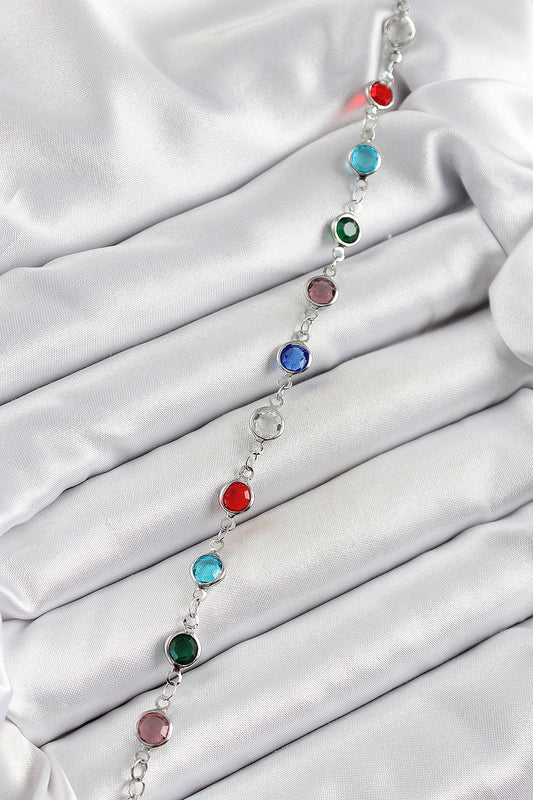 BB7046 - Pirinç Gümüş Renk Karışık Renk Zirkon Taşlı Kadın Bileklik