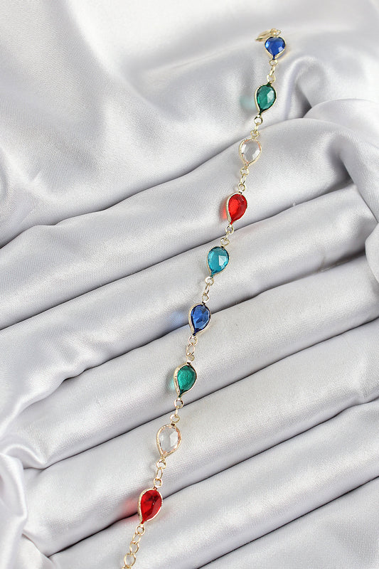 BB7048 - Pirinç Gold Renk Karışık Renk Damla Zirkon Taşlı Kadın Bileklik