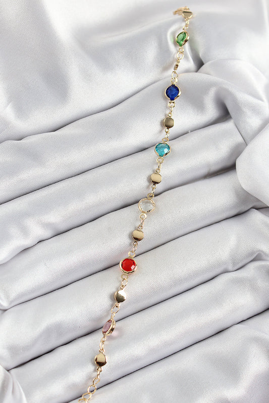 BB7051 - Pirinç Karışık Renk Zirkon Taşlı Gold Renk Kadın Bileklik