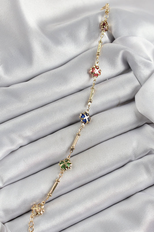 BB7056 - Pirinç Gold Renk Karışık Renk Yonca Zirkon Taşlı Kadın Bileklik