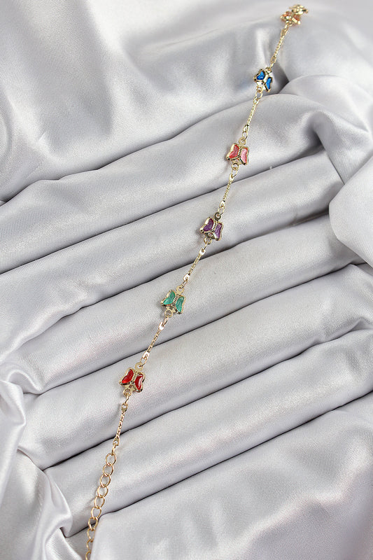 BB7057 - Pirinç Gold Renk Karışık Renk Kelebek Zirkon Taşlı Kadın Bileklik