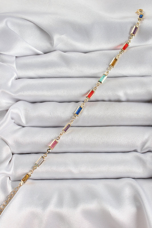 BB7040 - Pirinç Gold Renk Karışık Renkli Kare Zirkon Taşlı Kadın Bileklik