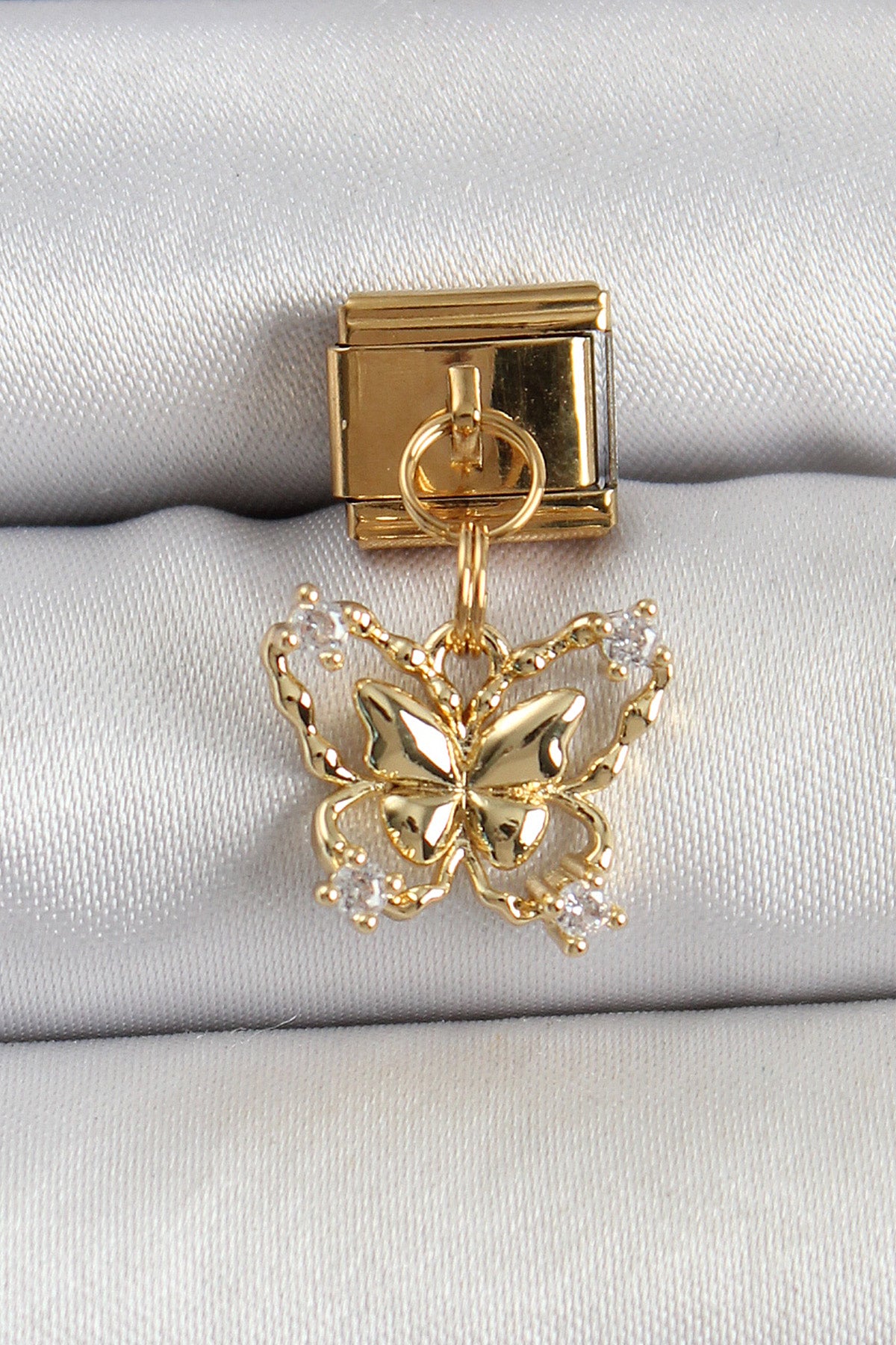 BC1408 - 316L Çelik Sallantılı Zirkon Taşlı Kelebek Model Gold Renk Nomination Charm