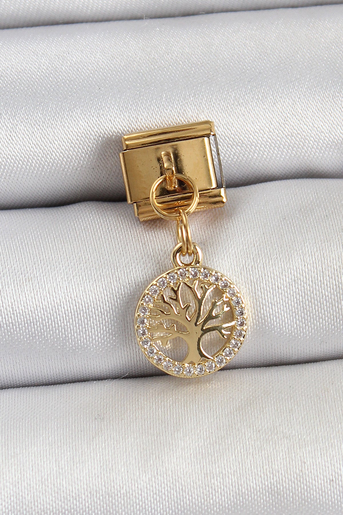 BC1422 - 316L Çelik Sallantılı Zirkon Taşlı Hayat Ağacı Model Gold Renk Nomination Charm
