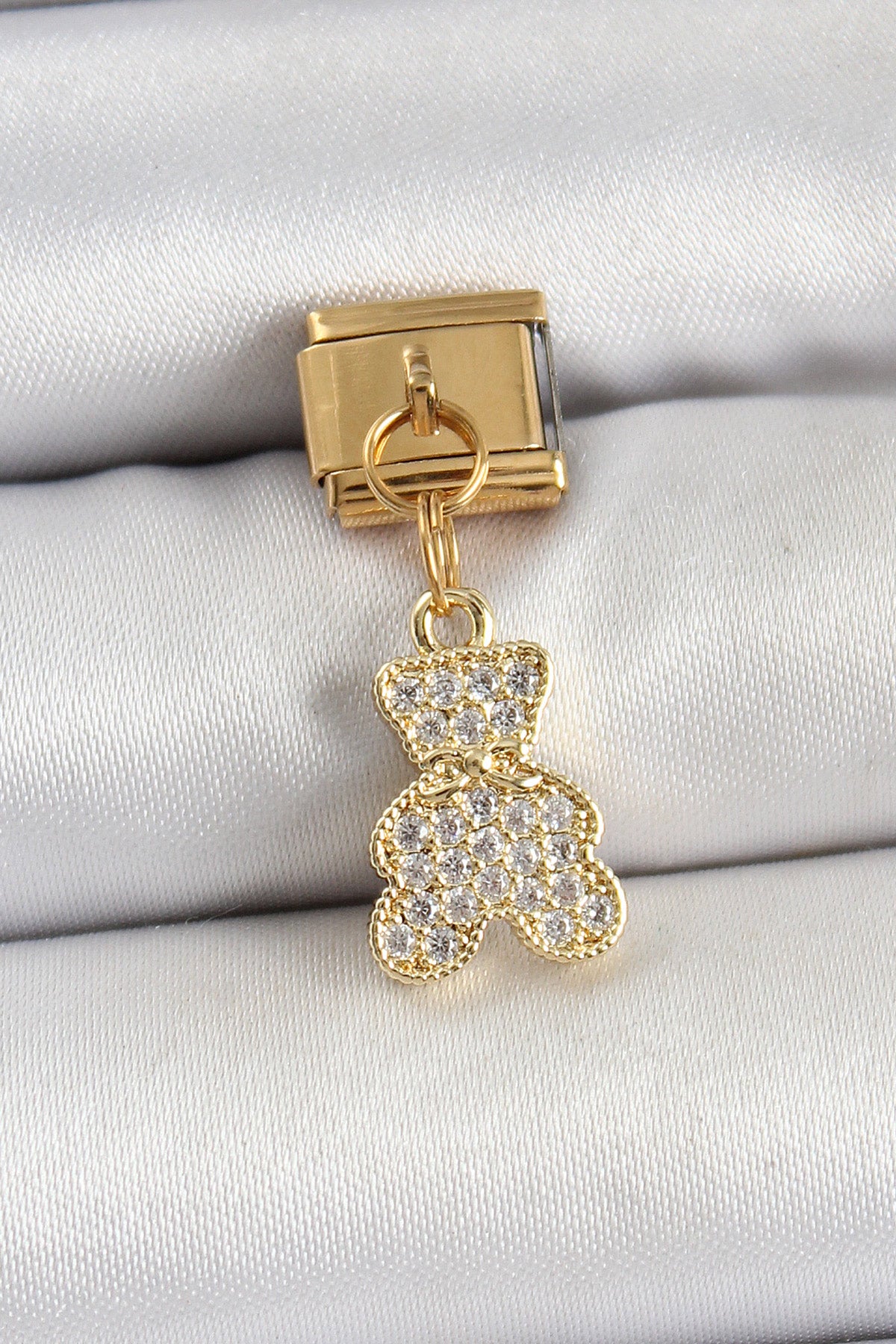 BC1432 - 316L Çelik Sallantılı Zirkon Taşlı Ayıcık Model Gold Renk Nomination Charm