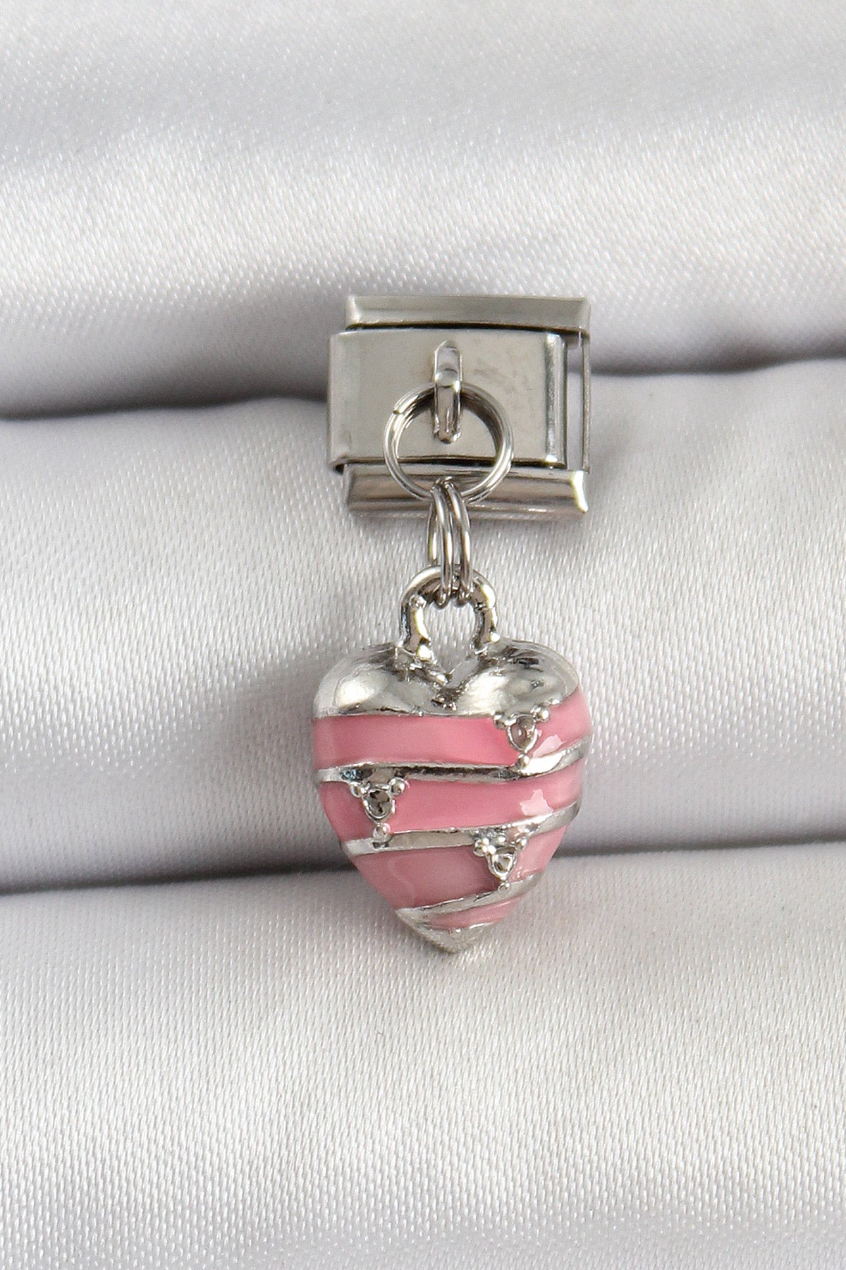 BC1495 - 316L Çelik Gümüş Renk Pembe Kalp Model Nomination Charm