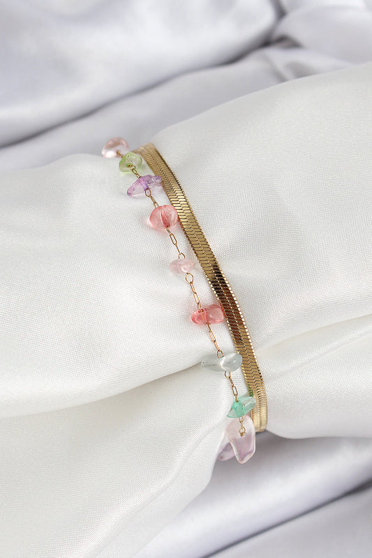 BB7091 - 316L Çelik Gold Renk Kristal Karışık Renkli Taşlı Kadın Bileklik