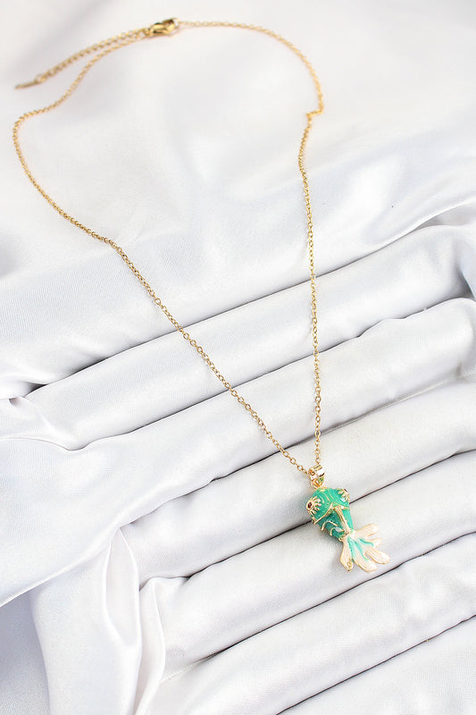 BKO10323 - 316L Çelik Zincir Yeşil Balık Model Gold Renk Kadın Kolye