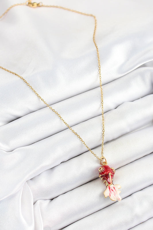 BKO10325 - 316L Çelik Zincir Kırmızı Balık Model Gold Renk Kadın Kolye