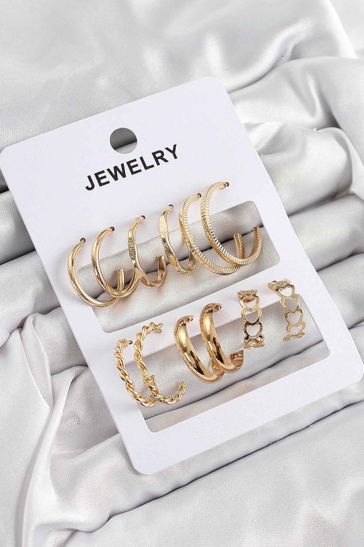 BKP10885 - Pirinç Karışık Halka Model Gold Renk 6 Çift Kadın Küpe Set