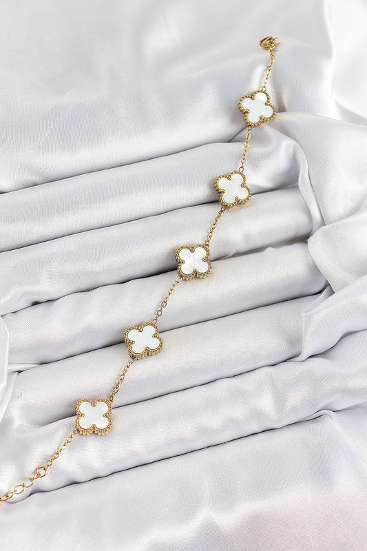 BB7364 - 316L Çelik Beyaz Sedef Yonca Model Gold Renk Kadın Bileklik