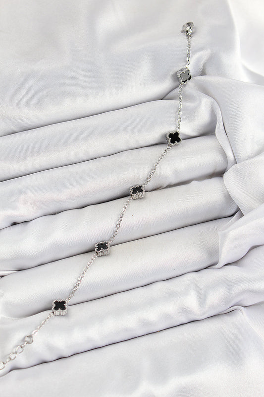 BB7360 - 316L Çelik Siyah Sedef Yonca Model Gümüş Renk Kadın Bileklik