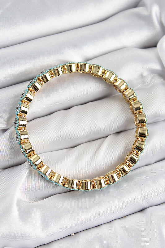 BB7496 - Pirinç Zirkon Taşlı Turkuaz Nazar Model Gold Renk Lastikli Kadın Bileklik