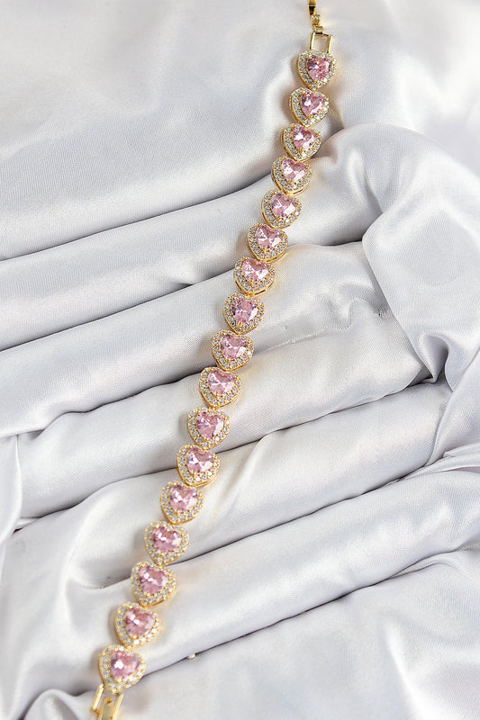 BB7502 - Pirinç Zirkon Taşlı Pembe Kalp Baget Model Gold Renk VIP Seri Kadın Bileklik