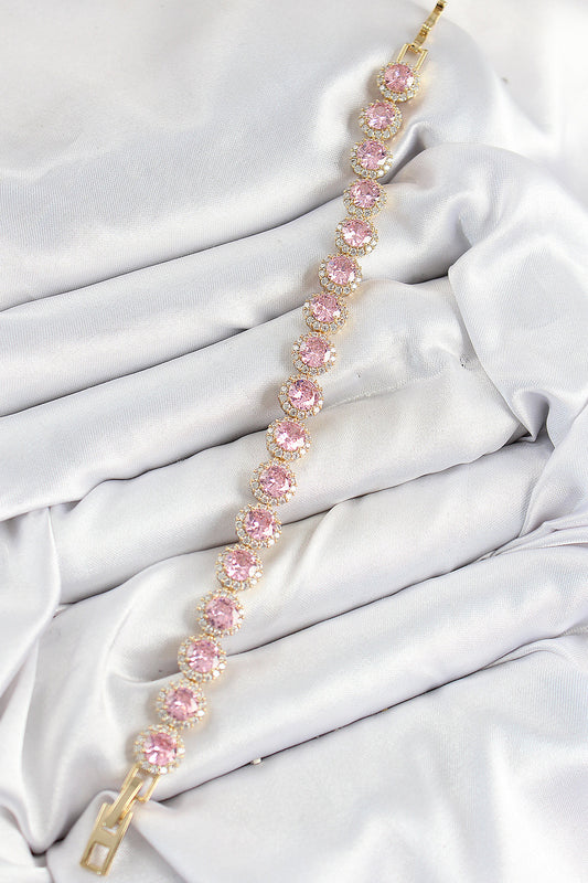 BB7512 - Pirinç Pembe Zirkon Taşlı Daire Baget Model Gold Renk VIP Seri Kadın Bileklik