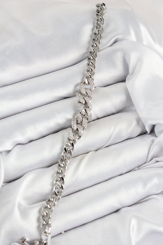 BB7534 - Pirinç Zirkon Taşlı Küba Zincir Model Gümüş Renk Kadın Bileklik