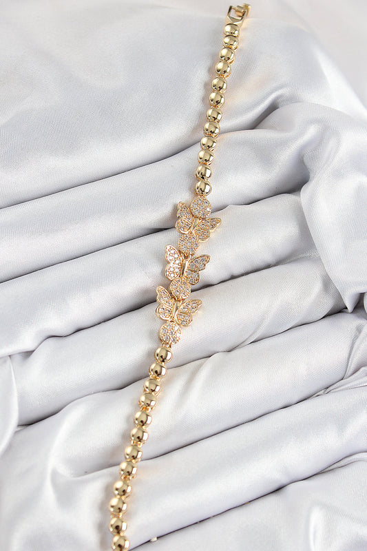 BB7541 - Pirinç Zirkon Taşlı Kelebek Model Gold Renk Kadın Bileklik