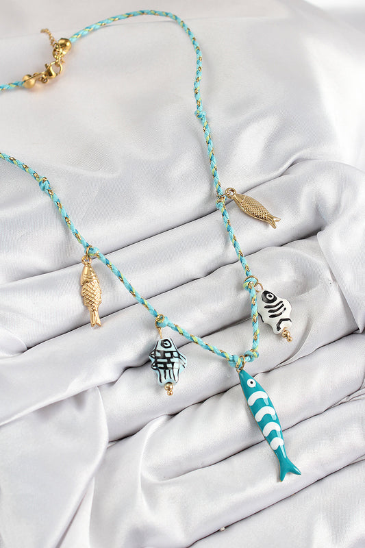 BKO10396 - Seramik Motifli Balık Figürlü Model Mavi İp Kadın Kolye