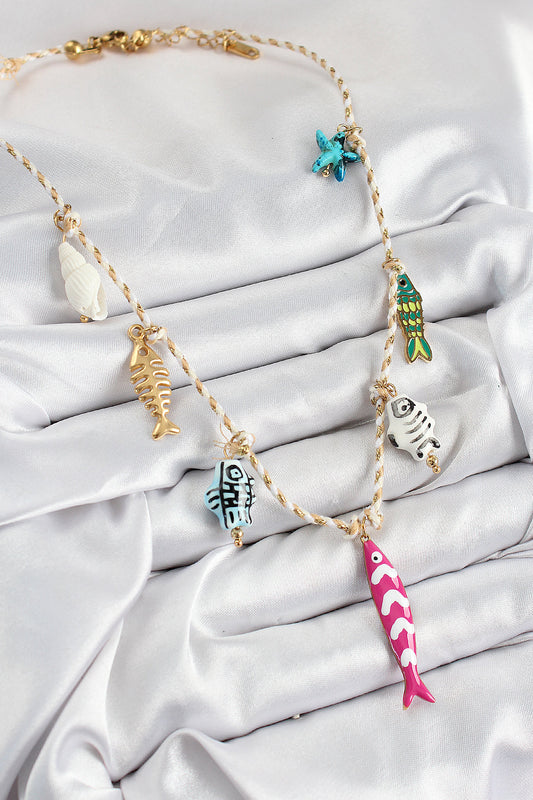 BKO10398 - Seramik Motifli Pembe Balık Figürlü Model Krem İp Kadın Kolye