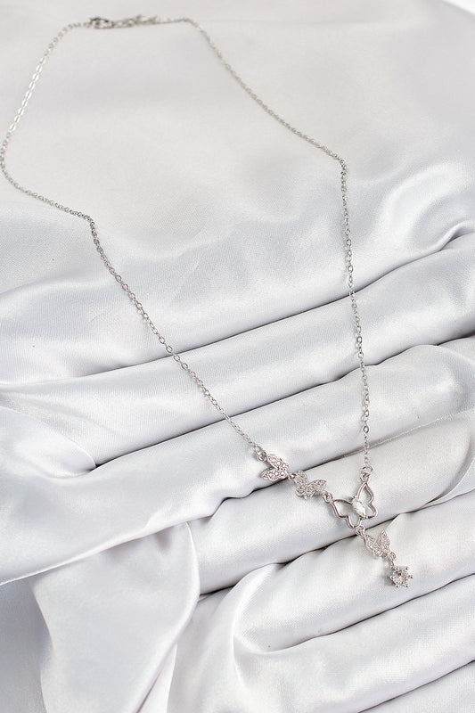 BKO10404 - 316L Çelik Zirkon Taşlı Kelebek Model Gümüş Renk Kadın Kolye