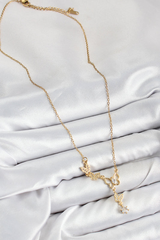 BKO10405 - 316L Çelik Zirkon Taşlı Kelebek Model Gold Renk Kadın Kolye