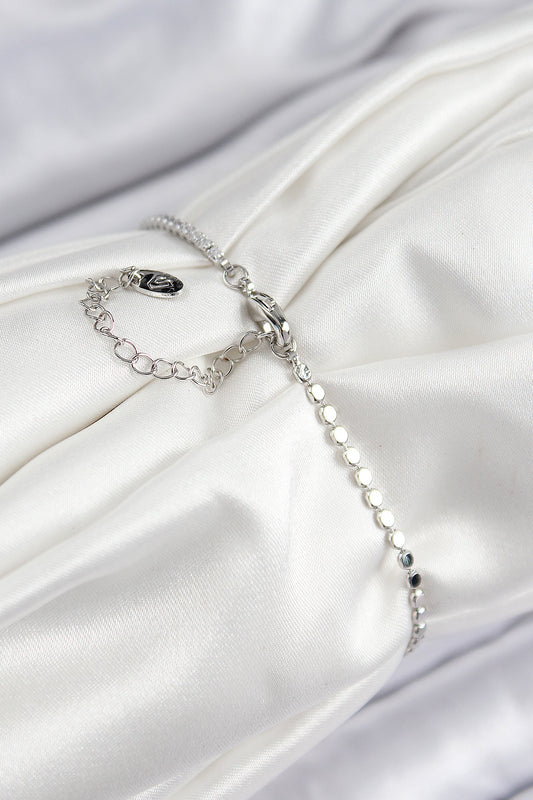 BB7584 - Pirinç Zirkon Taşlı Nazar Model Ezme Zincir Gümüş Renk Kadın Bileklik