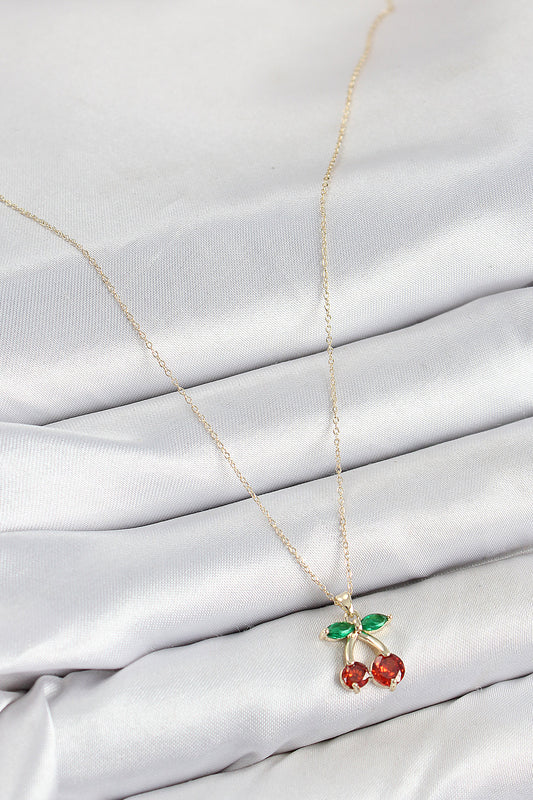 BKO10420 - Pirinç Zirkon Taşlı Kiraz Model Gold Renk Kadın Kolye