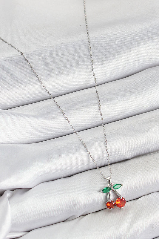 BKO10421 - Pirinç Zirkon Taşlı Kiraz Model Gümüş Renk Kadın Kolye