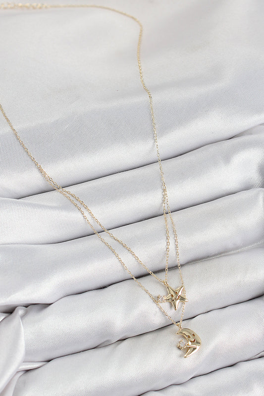 BKO10422 - Pirinç Zirkon Taşlı Yıldız Ve Ay Model Gold Renk Kadın Kolye