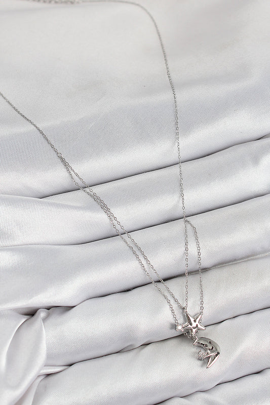 BKO10423 - Pirinç Zirkon Taşlı Yıldız Ve Ay Model Gümüş Renk Kadın Kolye