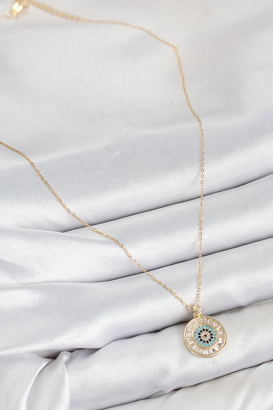 BKO10428 - Pirinç Zirkon Taşlı Su Yolu Nazar Model Gold Renk Kadın Kolye