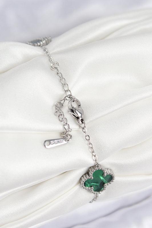 BB7672 - 316L Çelik Sedefli Zümrüt Yeşil Gümüş Renk Yonca Kadın Bileklik