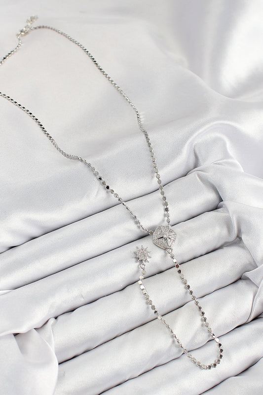 BKO10470 - Pirinç Zirkon Taşlı Ezme Zincirli Madalyon Model Gümüş Renk Y Kolye